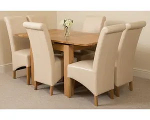 Richmond 90cm - 150cm Square Oak Extending Dining Table and 6 Chairs Dining Set with Montana Ivory Leather Chairs