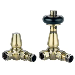 Pair of Brushed Brass Wooden Head Corner Thermostatic Radiator Valves