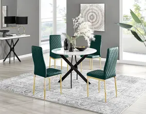 Furniturebox UK Novara White Gloss Black Leg Round Dining Table & 4 Green Velvet Milan Gold Leg Chairs