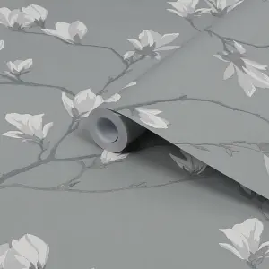 Laura Ashley Magnolia grove Slate Floral Smooth Wallpaper