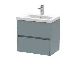 Square Wall Hung 2 Drawer Vanity Unit & Ceramic Basin, 600mm - Matt Coastal Grey