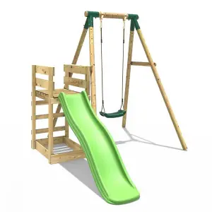 Rebo Wooden Swing Set plus Deck & Slide - Solar Green