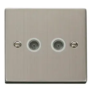 Stainless Steel 2 Gang Twin Coaxial TV Socket - White Trim - SE Home