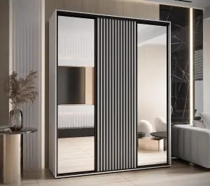 Sapporo II White Mirrored Sliding Door Wardrobe - White Matt and Lamella Effect (H)2050mm (W)2000mm (D)600mm