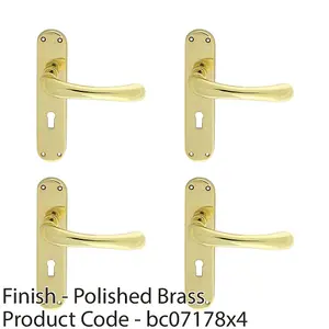 4 PACK - Rounded Smooth Latch & Lock Door Handle - Polished Brass Lever on Backplate