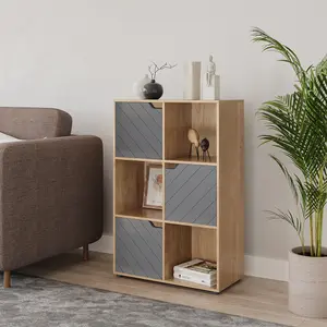 URBNLIVING 91cm Height Oak Wooden Cube Bookcase with Grey Line Door Display Shelf Storage Shelving Cupboard