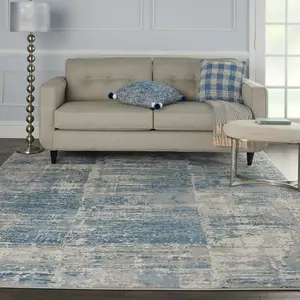 Ivory Grey Blue Modern Easy to Clean Abstract Rug For Dining Room Bedroom Living Room -69 X 221cm (Runner)