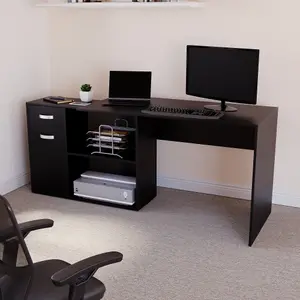 Vida Designs Longton Black Adjustable L-Shaped Computer Desk with Shelves, Drawer and Door