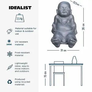 IDEALIST™ Buddha Statue 10.2 Inch Tall, Grey Reinforced Stone Relaxing Baby Monk Figurine for Home and Garden L31 W22.5 H26 cm