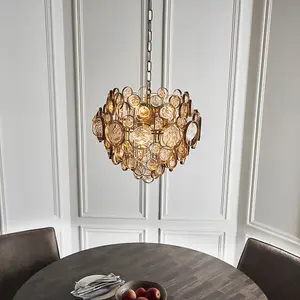 Luminosa Carbonia 6 Light Ceiling Pendant Antique Gold Paint, Clear & Amber Glass