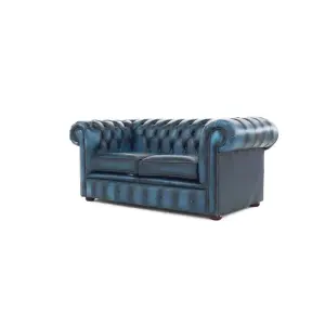 Chesterfield 2 Seater Antique Blue Real Leather Sofa Settee Bespoke In Classic Style