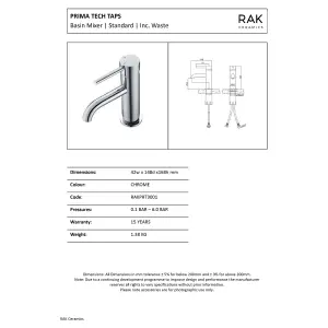 RAK Prima Tech Polished Chrome Modern Basin Sink Mixer Tap Solid Brass