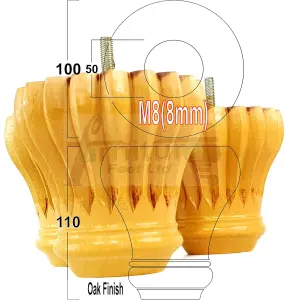 SET OF 4 REPLACEMENT FURNITURE BUN FEET OAK TURNED WOODEN LEGS 110mm HIGH M8 (8mm)