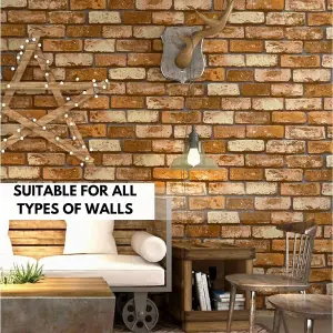 3D Brown Brick Effect Wallpaper Set of 4 Rolls - Covers 216.79 ft² (20.14 m²), Includes Glue - Easy Paste The Paper Application