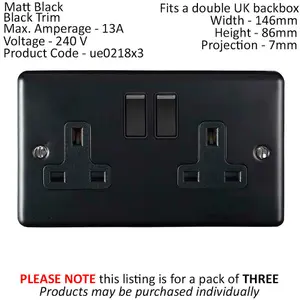 3 PACK 2 Gang Double UK Plug Socket MATT BLACK 13A Switched Power Outlet