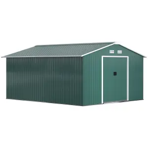 Outsunny 13 X 11ft Garden Storage Shed with2 Doors Galvanised Metal Green