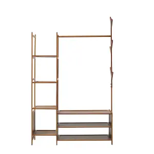 Bamboo Clothes Rail Clothing Hanging Stand Garment Rack with 2 Open Shoe Rack and 4 Shelves