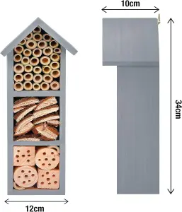 Wooden Insect Hotel with Grey - Free Standing Natural Wood Eye Catching Bug House - Hanging Outdoor Shelter