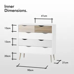 VonHaus Chest Of Drawers, 5 Drawer Dresser, White & Oak Wood Effect Storage Cabinet for Bedroom w/Tapered Legs & Cut Out Handles