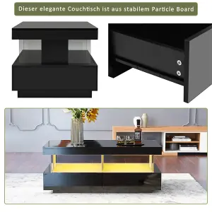 Coffee Table for Living Room, High Gloss Tea Table with 16-Color LED Lights, 2 Drawers and Open Storage Space,  Black