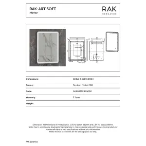 RAK Art Soft 600x800mm Brushed Nickel Square with Touch Sensor Illuminated Mirror IP44