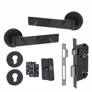 1 Pair Modern Nova Euro Lock Door Handles, 70mm Key & Key Barrell Matt Black Finish and Ball Bearing HInges - Golden Grace