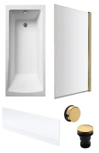 Square Single Ended Bath, Front Panel, Brushed Brass Screen and Waste-1700x700mm