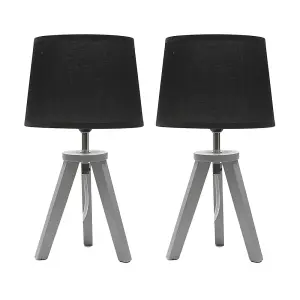 ValueLights Jackson Pair of Grey Wood Tripod Table Lamps with Black Shades and LED Bulbs