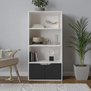 URBNLIVING Height 118Cm 4 Tier Wooden Bookcase Cupboard with Doors Storage Shelving Display Colour White Door Black Cabinet Unit