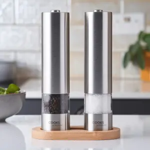 Electric Salt and Pepper Mill Grinder Set Shaker Automatic with Stand Silver