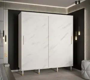 Bergen Contemporary 2 Sliding Door Wardrobe Gold Handles Marble Effect 9 Shelves 2 Rails White (H)2080mm (W)2000mm (D)620mm