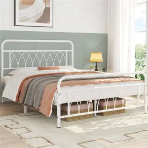 Yaheetech White 4ft6 Double Metal Bed Frame with Petal Accented Headboard and Footboard