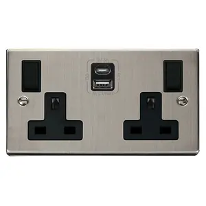 Stainless Steel 2 Gang 13A Type A & C USB Twin Double Switched Plug Socket - Black Trim - SE Home