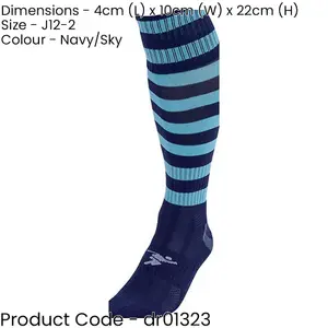 JUNIOR Size 12-2 Hooped Stripe Football Socks - NAVY/SKY BLUE - Contoured Ankle