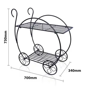 Metal Garden Cart Plant Stand - 2 Tier Parisian Style Flower Pot Display with 2 Shelves for Home or Garden - H73 x W70 x D34cm