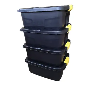 4 x 24L Heavy Duty Storage Boxes, Sturdy, Lockable, Stackable and Nestable Design Storage Chests with Clips in Black