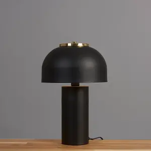 ValueLights Geneva Contemporary Matt Black and Satin Brass Cylinder Mushroom Dome Table Lamp