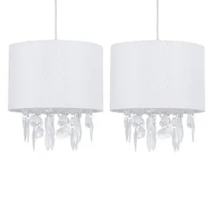 First Choice Lighting Set of 2 Fiji White Linen with Silver Fleck Detail Jewelled Pendant Shades