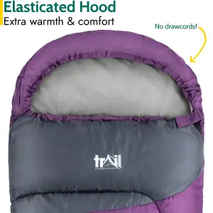 Trail Kids Sleeping Bag Mummy Hooded 3 Season Soft Warm 2 Way Zip Purple Boys Girls