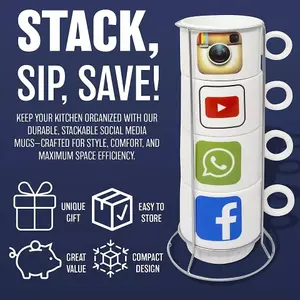 Pack Of 4 Social Media Mugs With Holder Stand Tea Coffee Drinking Hot Drinks