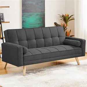 Yaheetech Dark Grey Fabric Upholstered 3 Seater Convertible Sofa Bed with Armrests and 2 Bolster Pillows