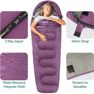 Mummy Sleeping Bag 3 Season Waterproof Adult Single Outdoor Camping Purple Trail