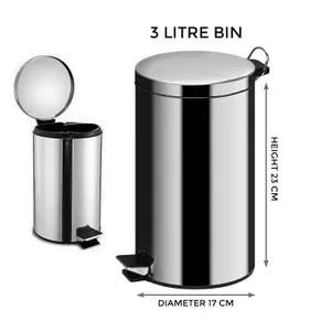 STAINLESS STEEL PEDAL BIN 3L SILVER KITCHEN BATHROOM TOILET RUBBISH