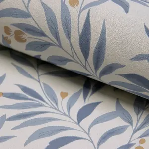 Grandeco Sage Trail Foliage and Flowers Textured Wallpaper, China Blue