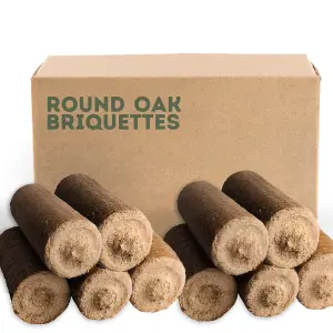 20kg Round Oak Briquettes - 10 x Hardwood Slow Burn Heat Logs - Clean Burn High Energy for Fires, Burners, Stoves & Chimineas