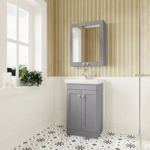 Traditional Floor Standing 2 Door Vanity Unit with 1 Tap Hole Fireclay Basin, 500mm - Satin Grey