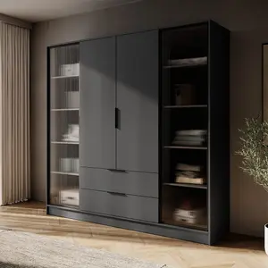 Kelly 206cm Hinged Wardrobe in Sleek Graphite - Contemporary Storage with Glass Details