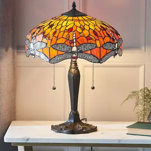 Tiffany Glass Table Lamp Light Dark Bronze Base & Orange Dragonfly Shade i00197