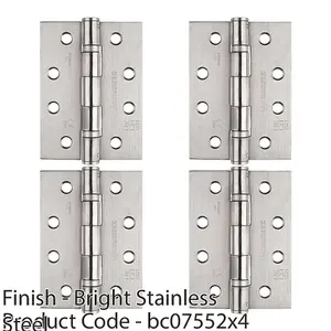 4 PACK - PAIR Grade 11 Heavy Duty Ball Bearing Hinge - 102 x 76mm Bright Stainless Steel