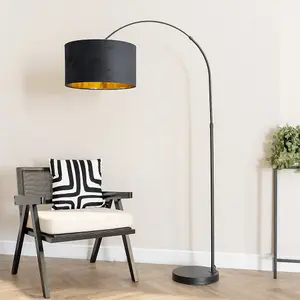 ValueLights Louis Black Arched Floor Lamp with Black Velvet Drum Metallic Gold Inner Shade and LED Bulb